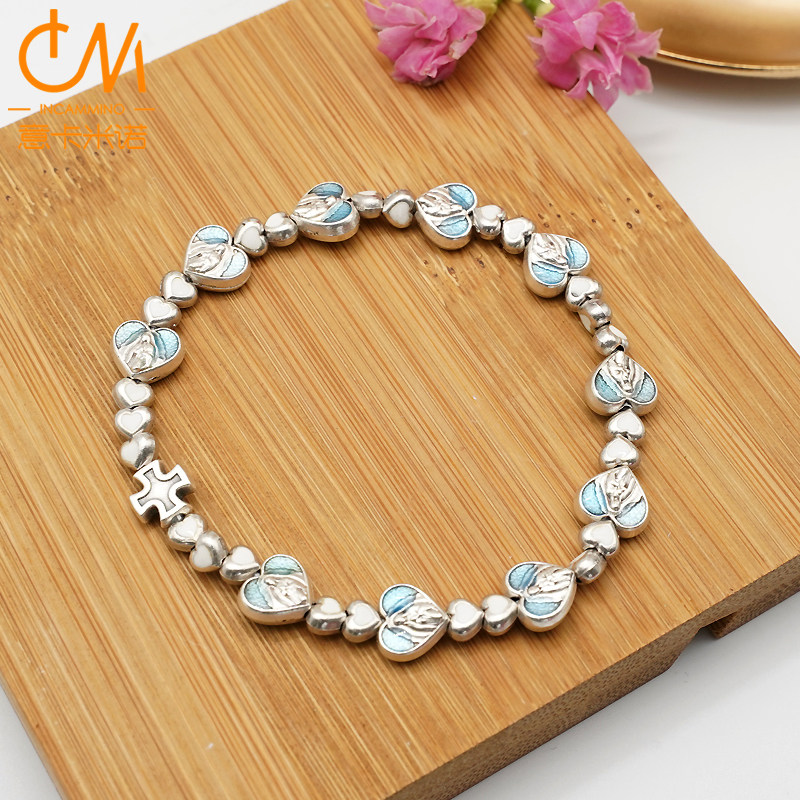 瓜达卢佩蓝色手链珐琅女弹力保色镀银意大利进口意卡米诺合金手串