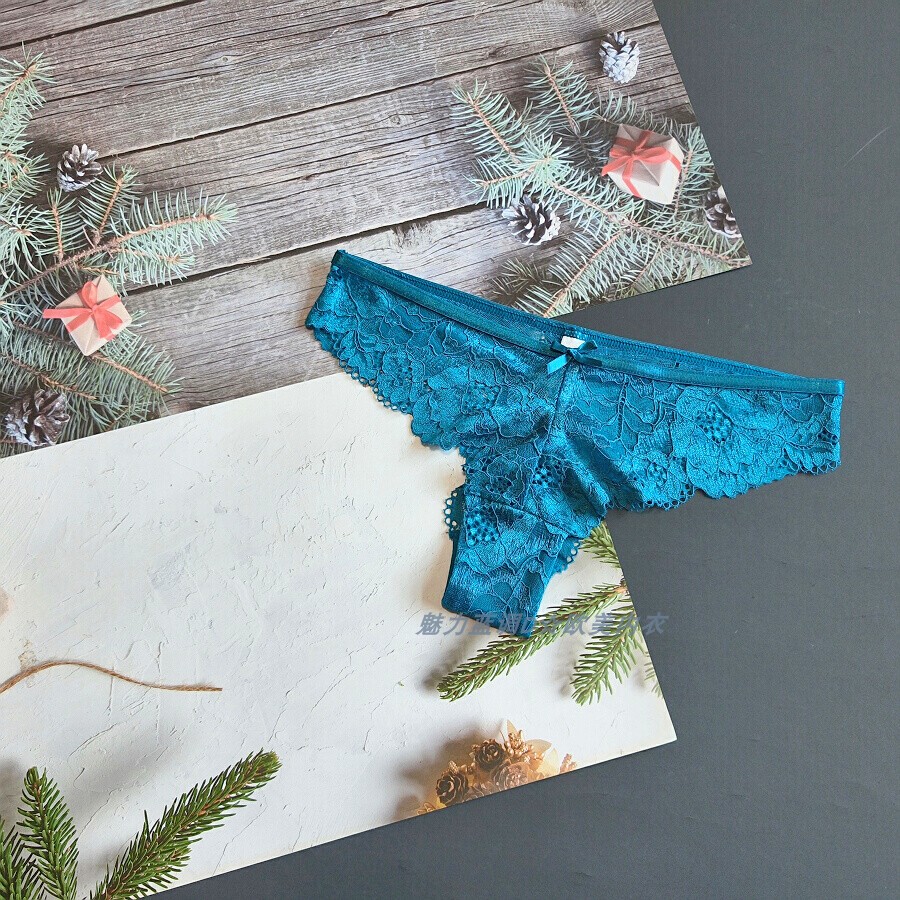 三90-145斤 南非IDE青黛蓝透明镂空蕾丝内裤性感低腰女半臀三角裤