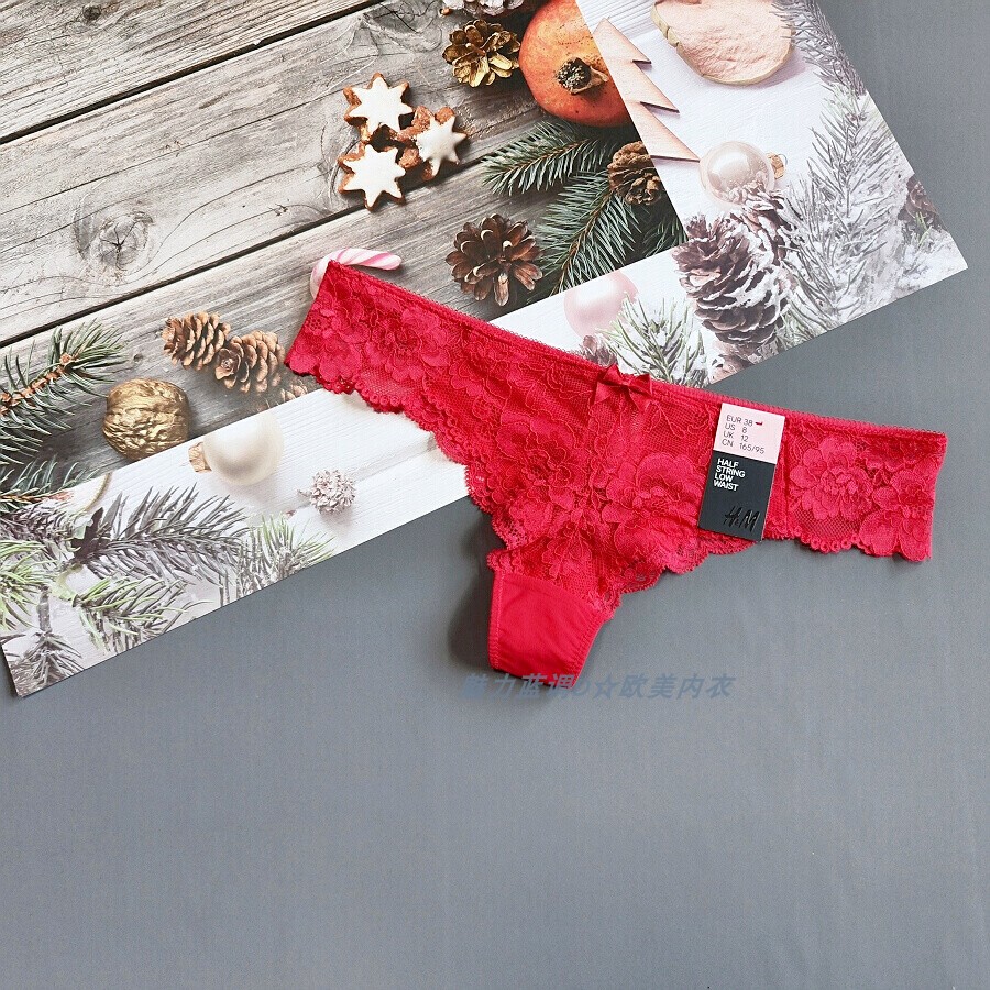 三110-125斤 瑞典HM红色镂空软蕾丝性感T-BACK超低腰女丁字裤T裤