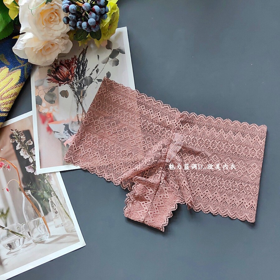 三95-170斤 美国TAG肉桂色性感镂空柔软蕾丝中腰女透明半臀平角裤