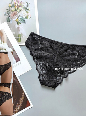 三105-135斤 波兰RES奢华黑色镂空蕾丝性感中腰女窄边包臀三角裤