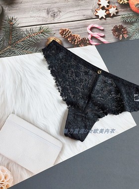 三110-140斤法国TEX黑色蕾丝金属扣性感低腰女大码窄边半臀三角裤