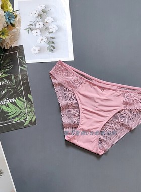 三95-180斤 法国TEX豆沙粉超柔冰丝蕾丝性感中腰女窄边包臀三角裤