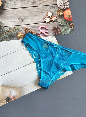 三90-180斤 南非INT湛蓝色镂空蕾丝钻饰性感大码中腰女半臀三角裤