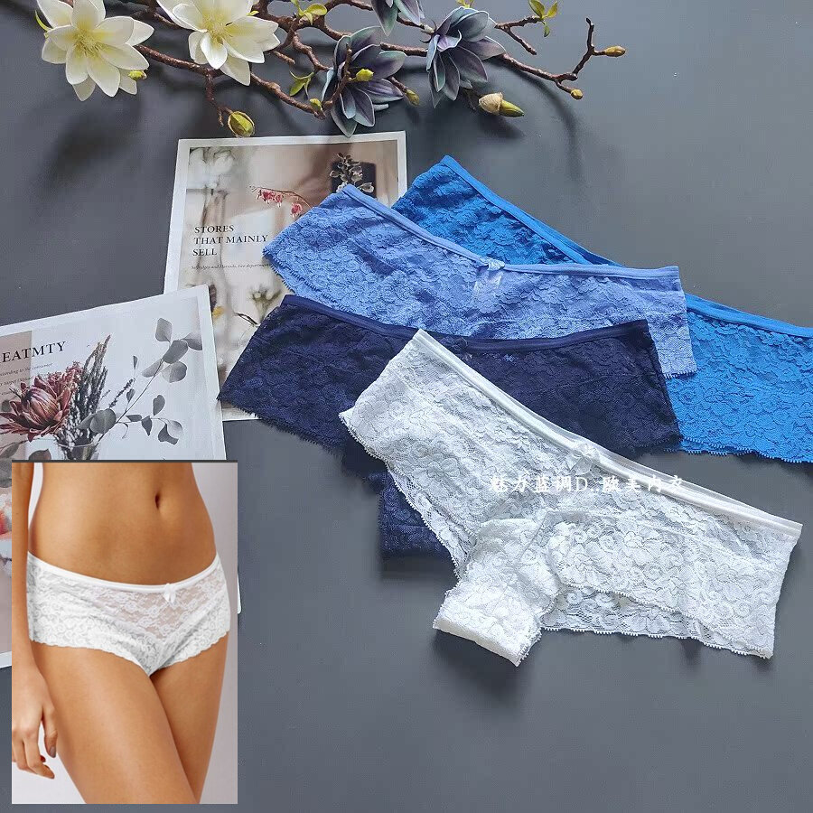 三 80-150斤英国NLK白色宝蓝半透明软蕾丝性感超低腰女半臀平角裤
