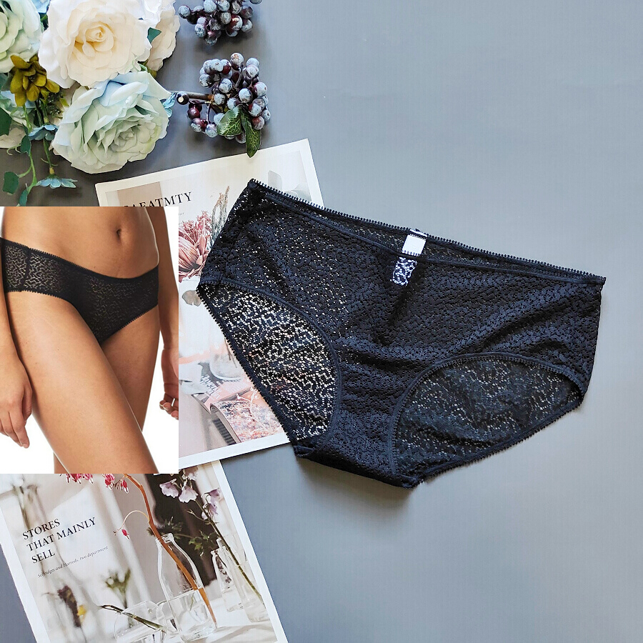 三95-155斤 美式DK*Y黑色镂空蕾丝透视性感中腰女宽边包臀三角裤