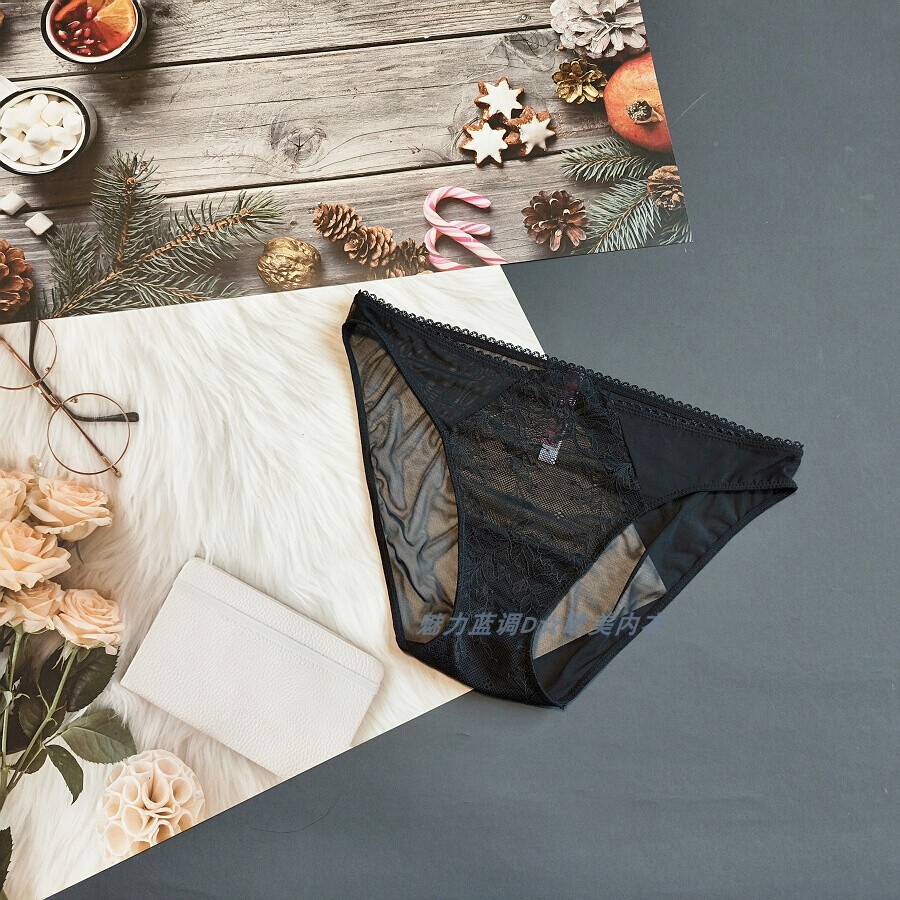 三110-150斤 美国ADO黑色透视性感网纱内裤中腰女窄边包臀三角裤