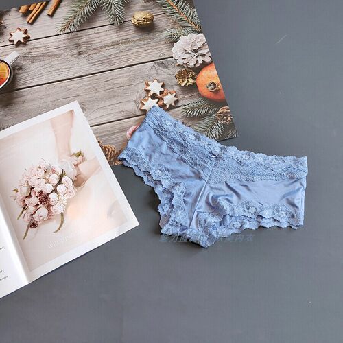 三95-160斤 美式MDF浅雾蓝蕾丝珠光丝绒高弹性感中腰女大码平角裤