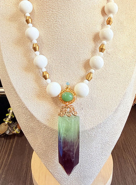 【孤品】vintage中古风天然紫晶萤石吊坠白贝项链新中式旗袍配饰