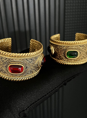 【狠货】古董质感做旧红绿琉璃手镯手环开口铜镀金名媛新中式旗袍