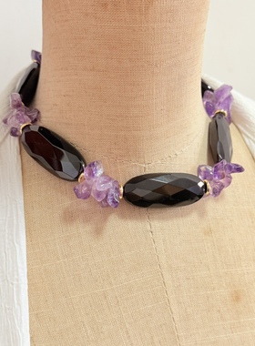 【孤品】天然紫水晶进口切面定制黑玛瑙choker短款项链女礼服配饰