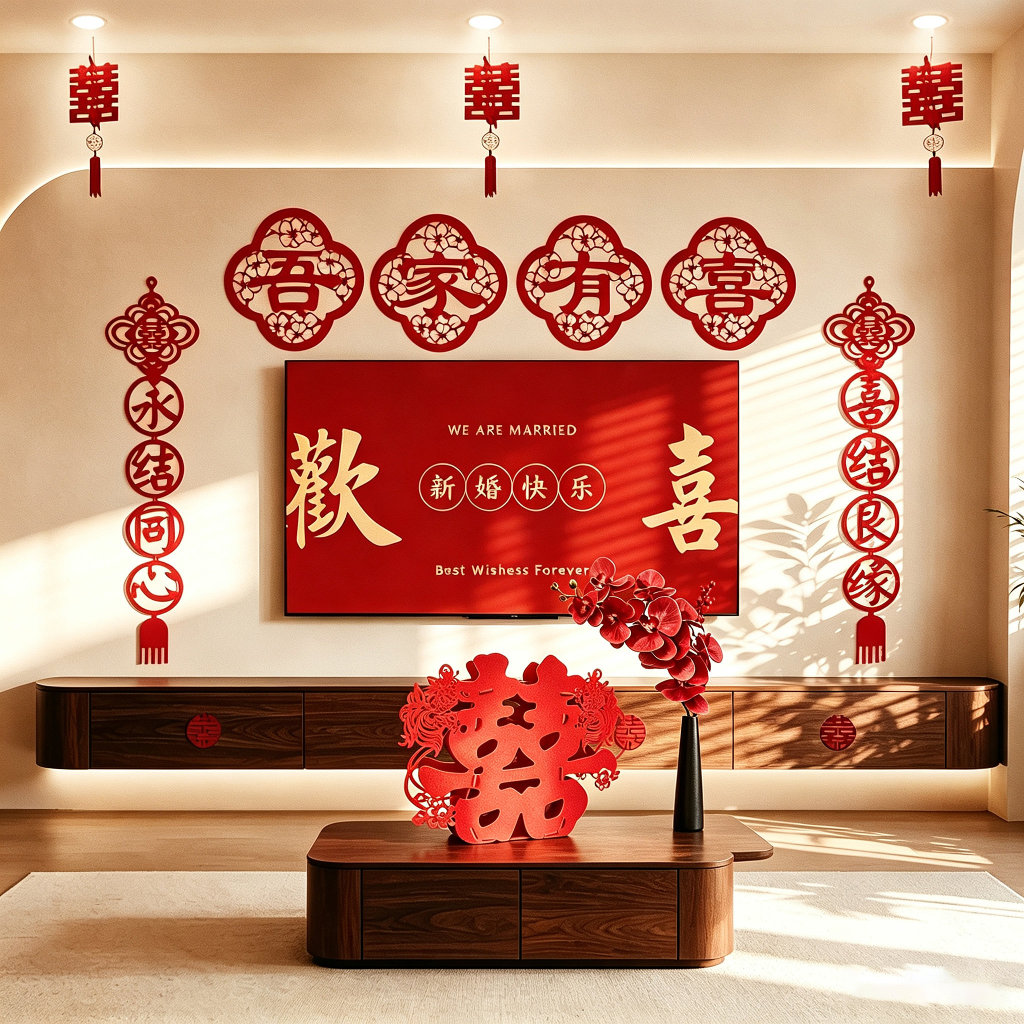 喜字贴结婚金葱植绒喜对联背景墙图片