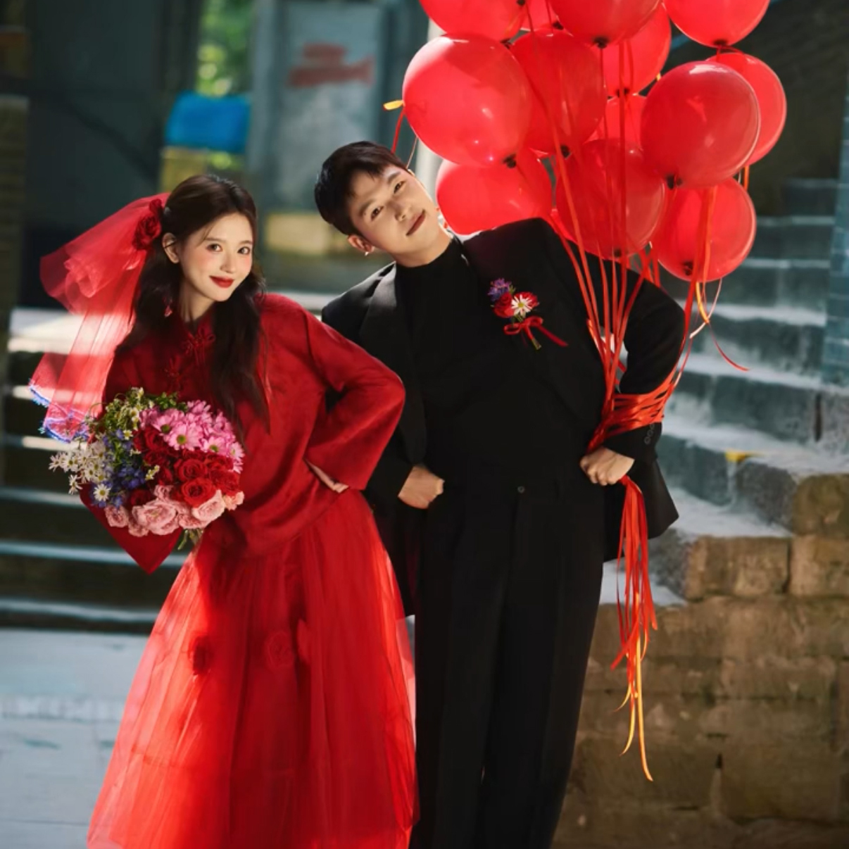 结婚新中式中国红秀禾纱裙红头纱