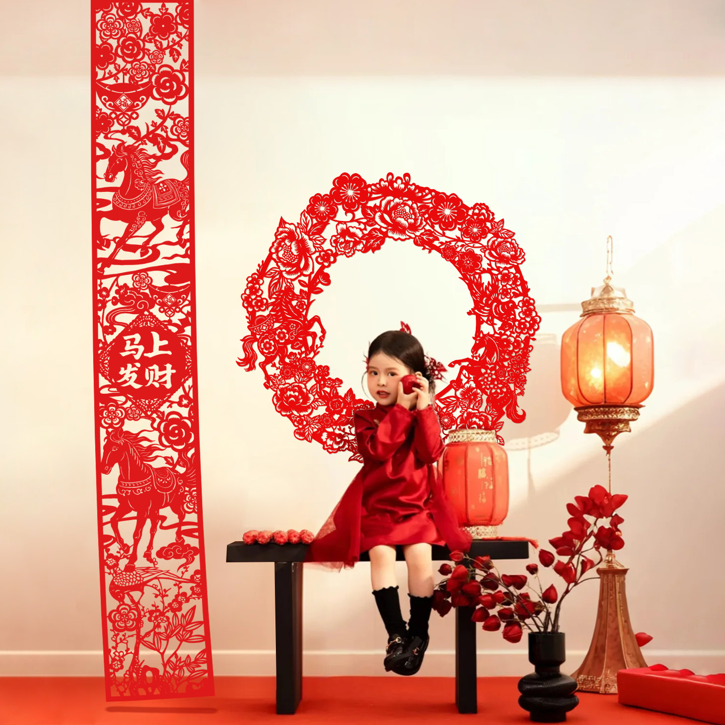儿童新年拍照道具红色剪纸长条福