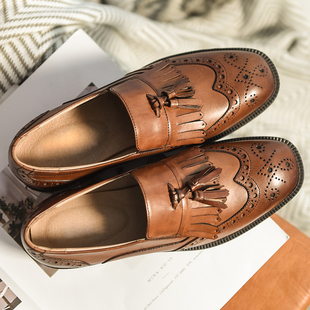 第7街 复古英伦风布洛克流苏方头真皮女小皮鞋子舒适透气通勤黑色