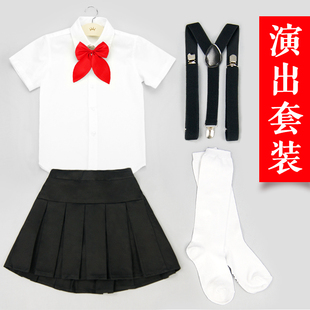 女童短袖 英伦校服大童大合唱演出服 白衬衣黑裙子套装 纯棉儿童夏季