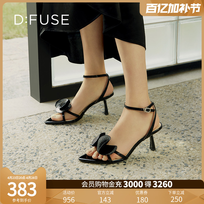 Dfuse迪芙斯2024夏季新款烫钻荷叶边花型尖头细跟凉鞋DF42115116