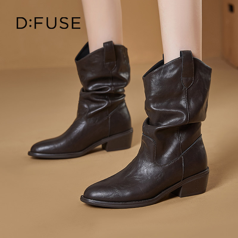 D:Fuse/迪芙斯新款尖头时装靴女爆款车缝线增高显瘦短筒靴