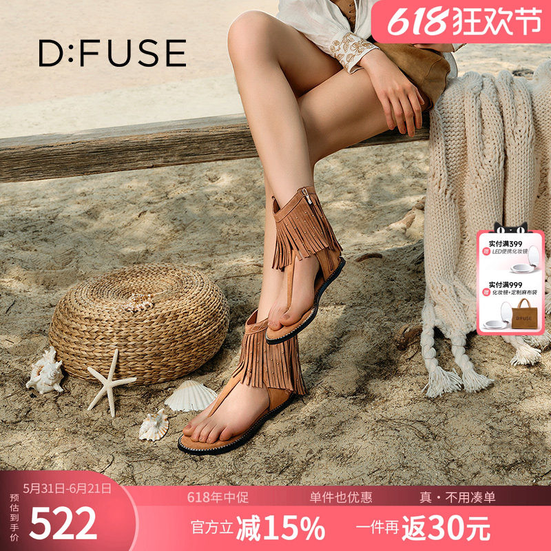 Dfuse迪芙斯2025夏新款时装凉鞋波西米亚风流苏平底凉靴夹趾女鞋