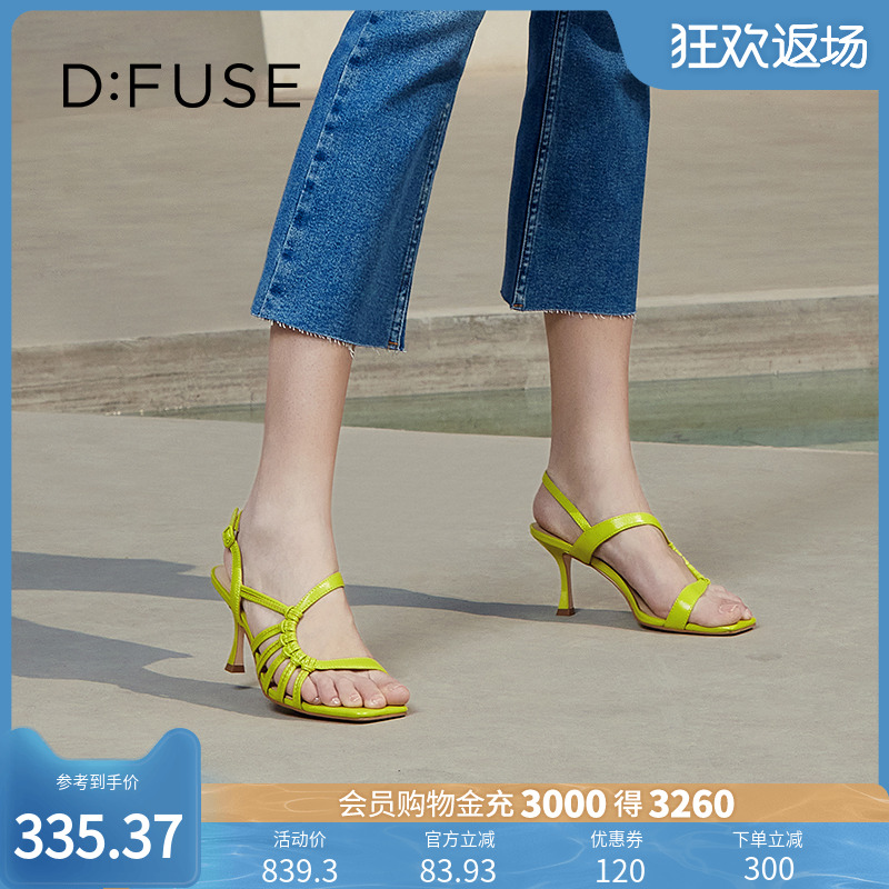新款羊皮方头条带细跟凉鞋高跟鞋