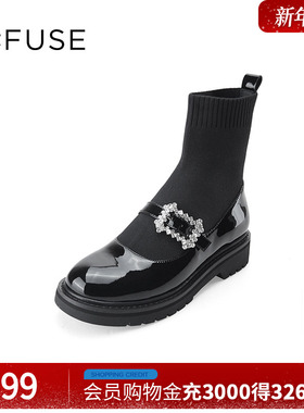 Dfuse冬季款学院风短靴玛丽珍钻扣针织弹力袜靴