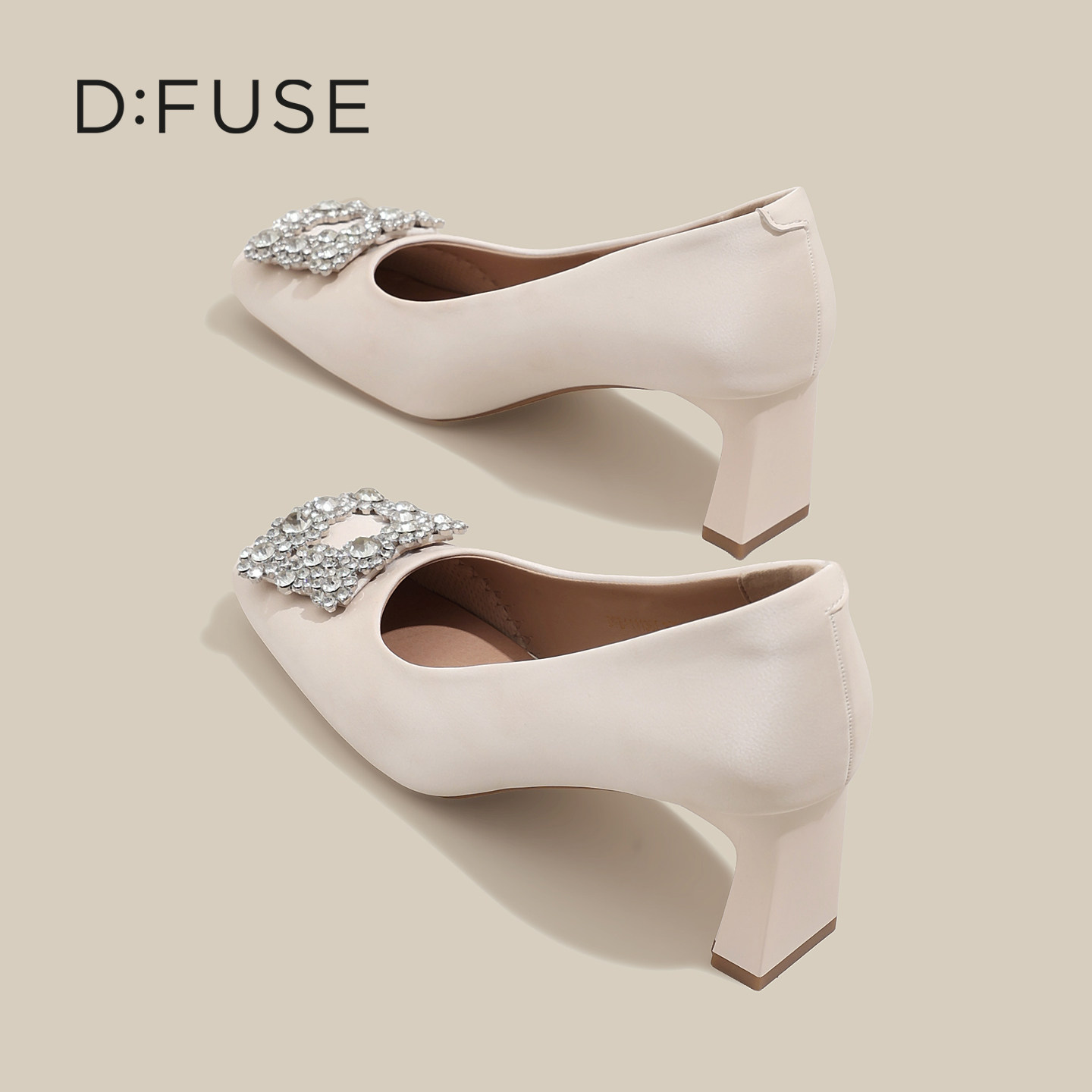 迪芙斯方头浅口单鞋女2026新款一脚蹬女鞋春季气质方扣粗跟高跟鞋