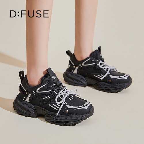 迪芙斯黑色老爹鞋双系带增高鞋