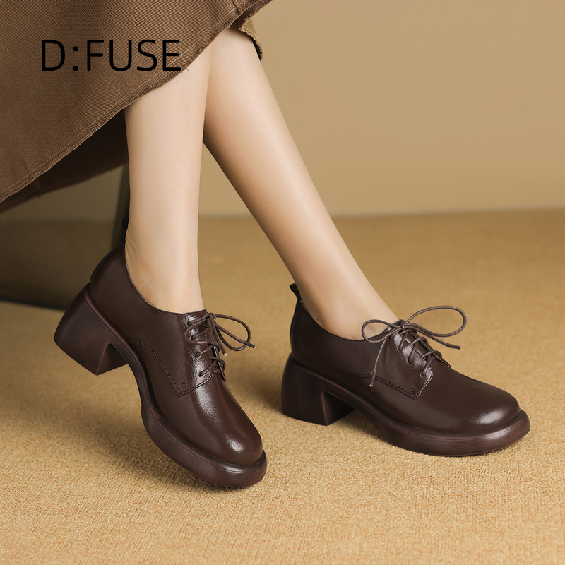 Dfuse迪芙斯复古厚底时尚单鞋女2024秋季新款粗跟绑带圆头小皮鞋
