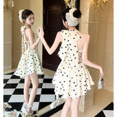 实拍夏季 收腰a字短裙潮 气质波点挂脖连衣裙女带胸垫修身 新款 法式