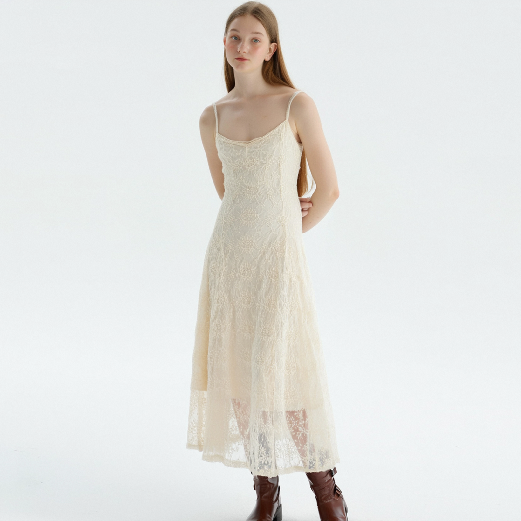 EECA 高级感法式温柔气质A字V领蕾丝显瘦收腰长款吊带裙