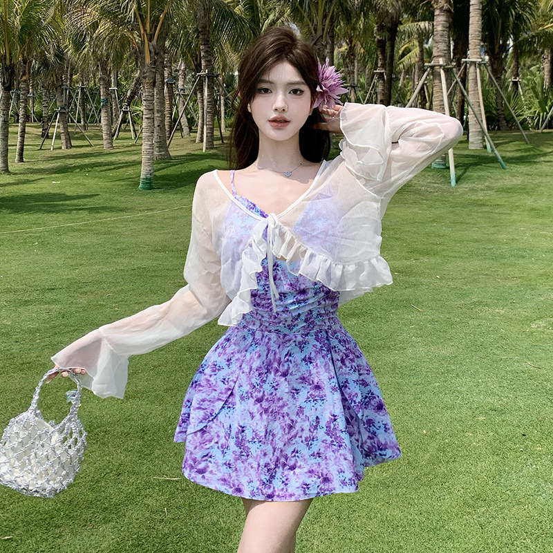 温柔甜美吊带连体少女泳衣裙式保守大码微胖mm200斤显瘦长袖罩衫