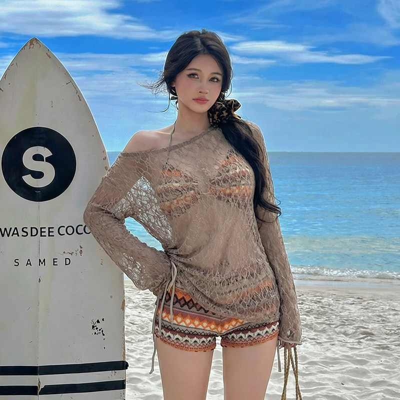 大码胖mm度假性感三件套分体长袖罩衫纯欲风200斤遮肚显瘦泳衣女