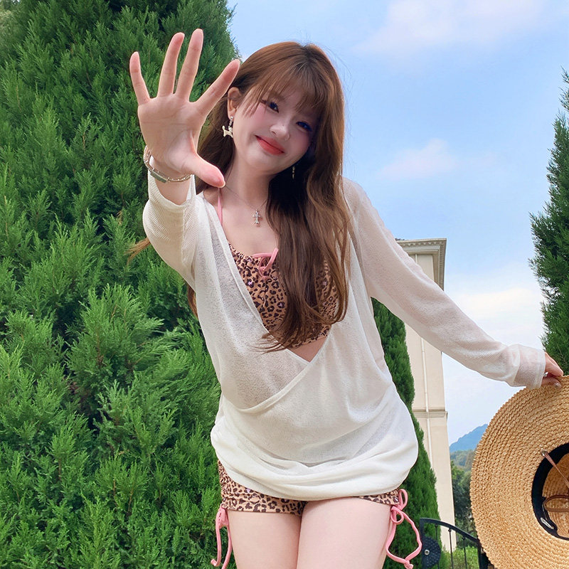 绝美性感豹纹泳衣女分体三件套长袖罩衫海边度假大码微胖mm显瘦装