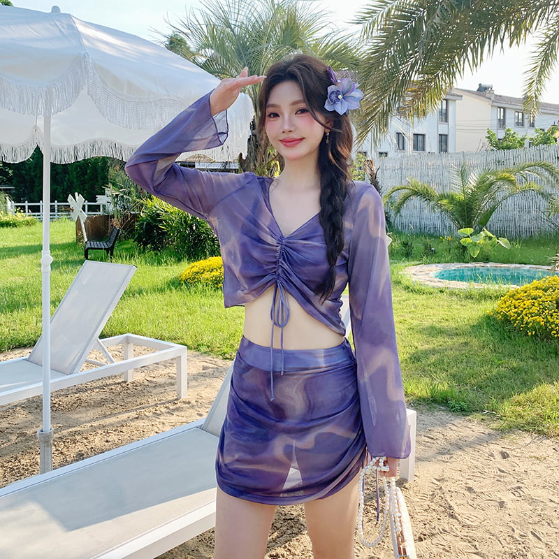 韩版2026新款游泳衣女高级感显瘦长袖大码微胖温泉分体四件套泳装