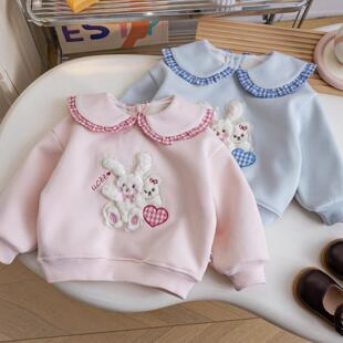 女童卫衣2025秋冬加绒小女孩可爱卡通娃娃领套头一体绒上衣打底衫