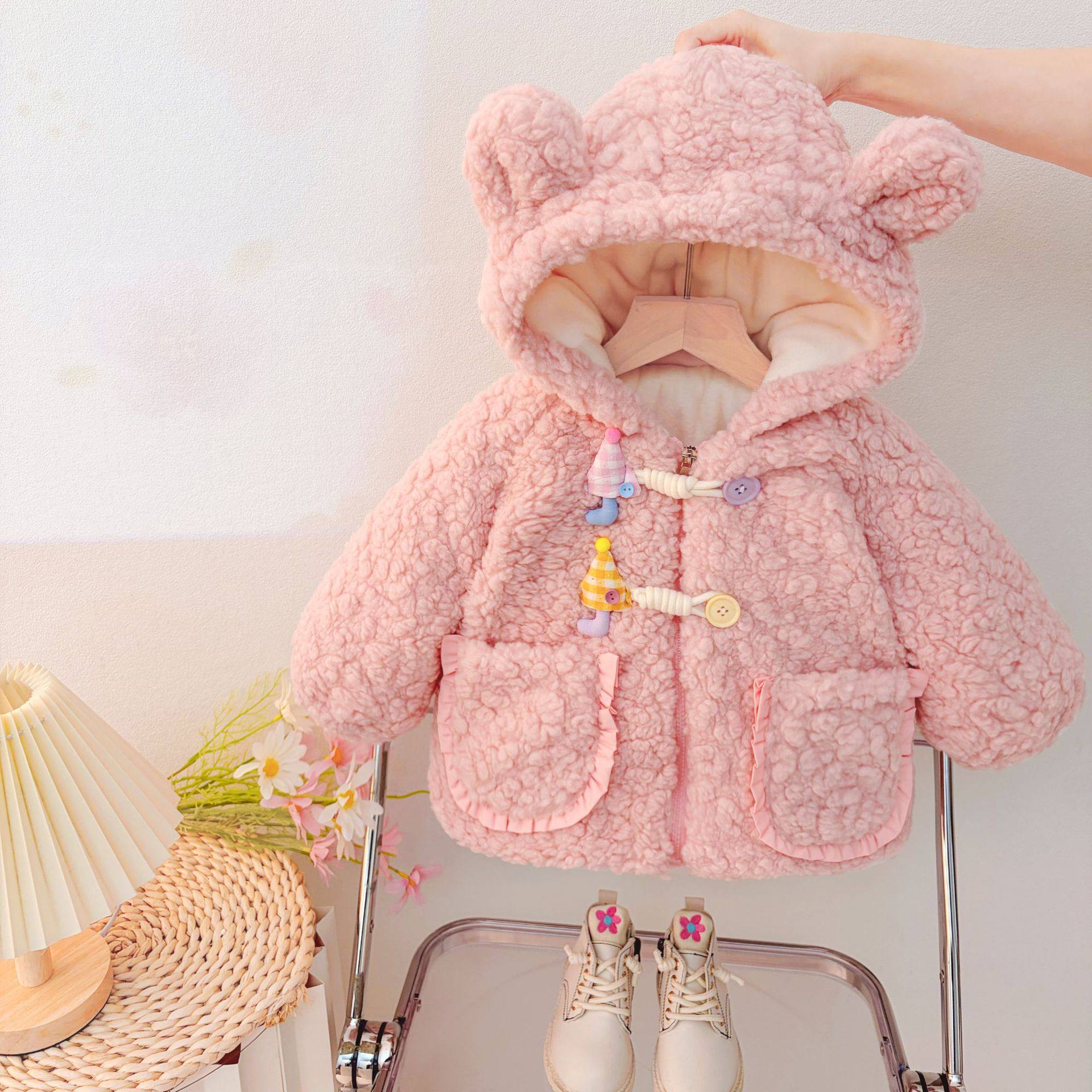 女童冬季加绒外套洋气婴儿摇粒绒加厚上衣保暖连帽棉服宝宝毛毛衣