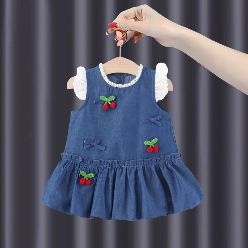 女童牛仔背心连衣裙一周岁宝宝夏季新款洋气婴儿童蝴蝶结花苞裙子