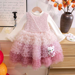 女童公主风粉色蓬蓬连衣裙秋冬加绒背心蛋糕裙生日礼服