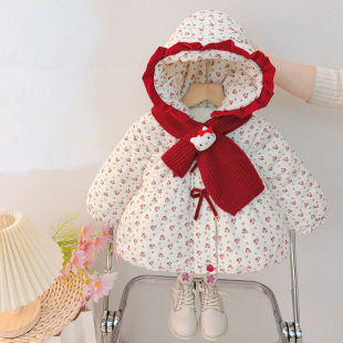 女童棉服冬季儿童宝宝碎花棉袄加绒加厚围巾连帽洋气保暖棉衣外套
