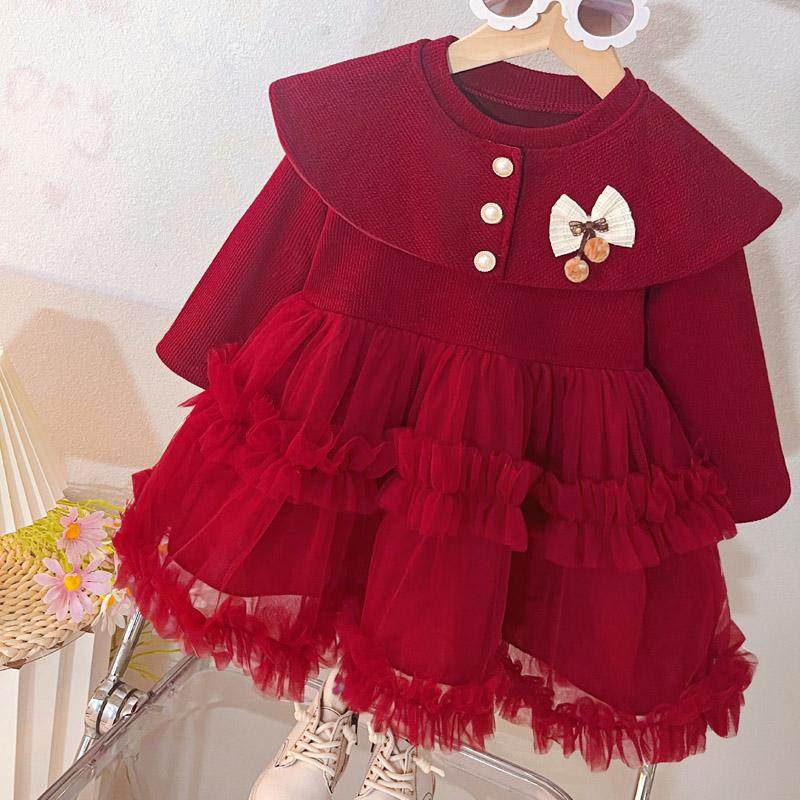 女宝宝连衣裙春装女童洋气披肩公主纱裙过年衣服周岁礼服红色裙子