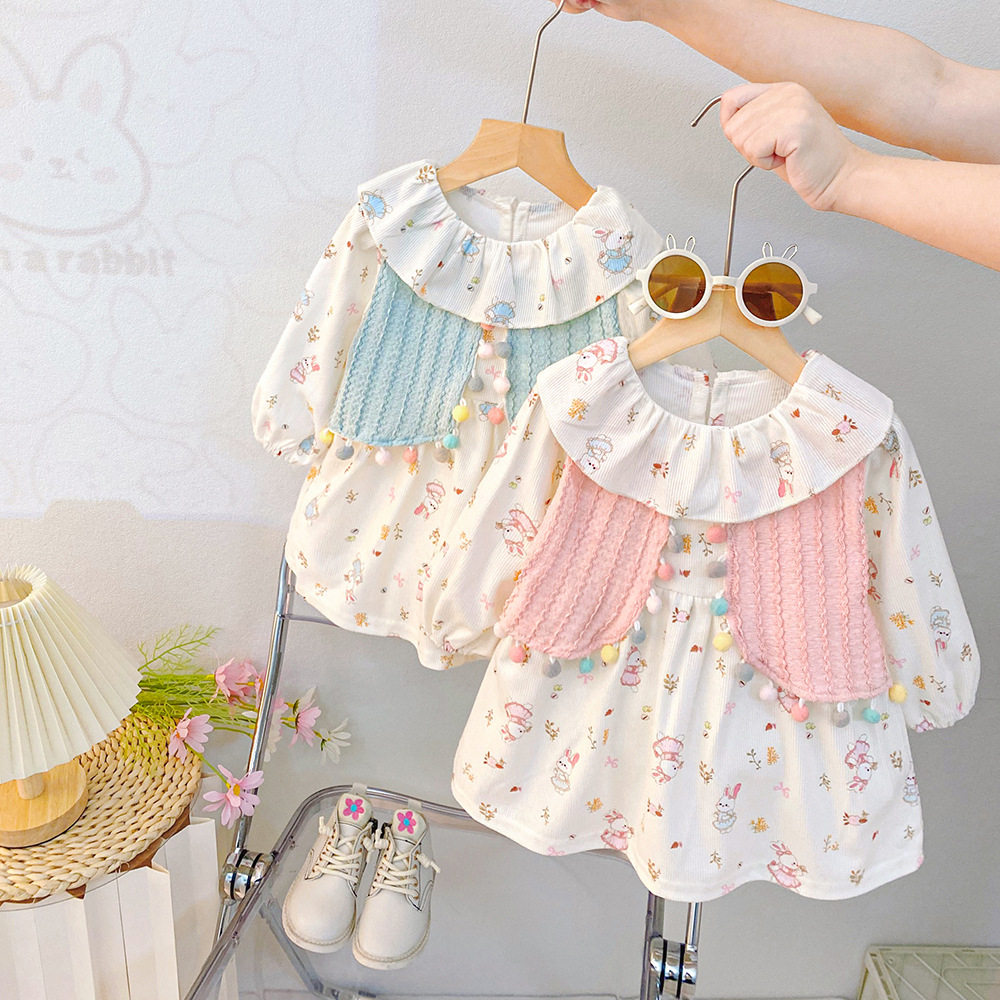 女童连衣裙牛油果绿色碎花小清新森系小童春秋款宝宝长袖翻领裙子