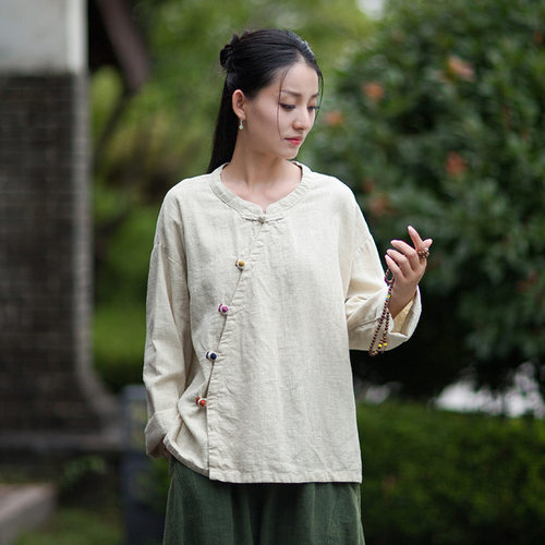 轻国风禅意茶服斜襟盘扣长袖上衣
