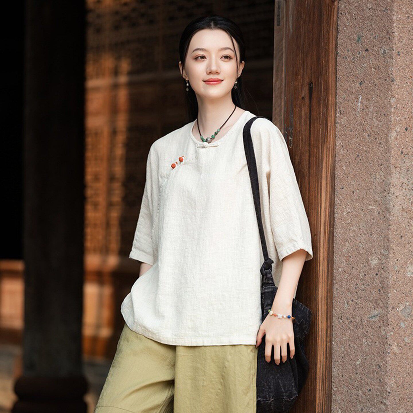 棉麻斜襟盘扣短袖T恤衫禅意茶服