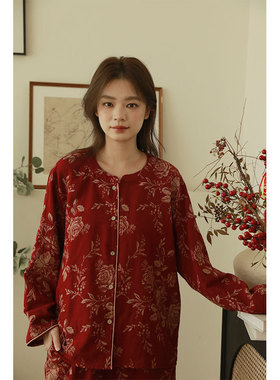 26新年特辑全棉中式提花双层纱布女士睡衣复古红花长袖家居服套装