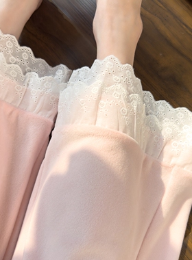 秋冬季新品海岛双面绒软女长睡裤保暖纯色甜美花边家居裤子女外穿