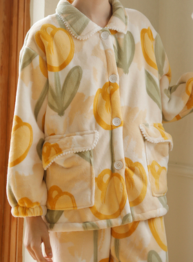 复合绒软绵加厚睡衣女秋冬保暖加肥加大羊羔绒长袖宽松家居服套装