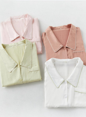 春秋宽松家居服大码纯色人棉贡缎长袖睡裙女生简约孕妇开衫中长裙