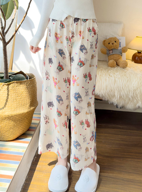 童趣卡通全棉纱布睡裤女士秋季百搭日式舒适甜美居家高腰直筒长裤