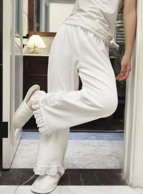 双面天鹅绒柔软简约女长睡裤保暖纯色甜美蕾丝花边家居裤子女外穿