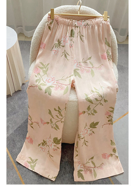 宽松睡裤贡缎阔腿薄款女长裤春秋空调屋印花多色大码人造棉家居服